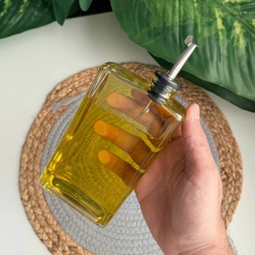 زجاجة زيت زجاج 350 مل بصبّابة معدنية أنيقة 🫒✨