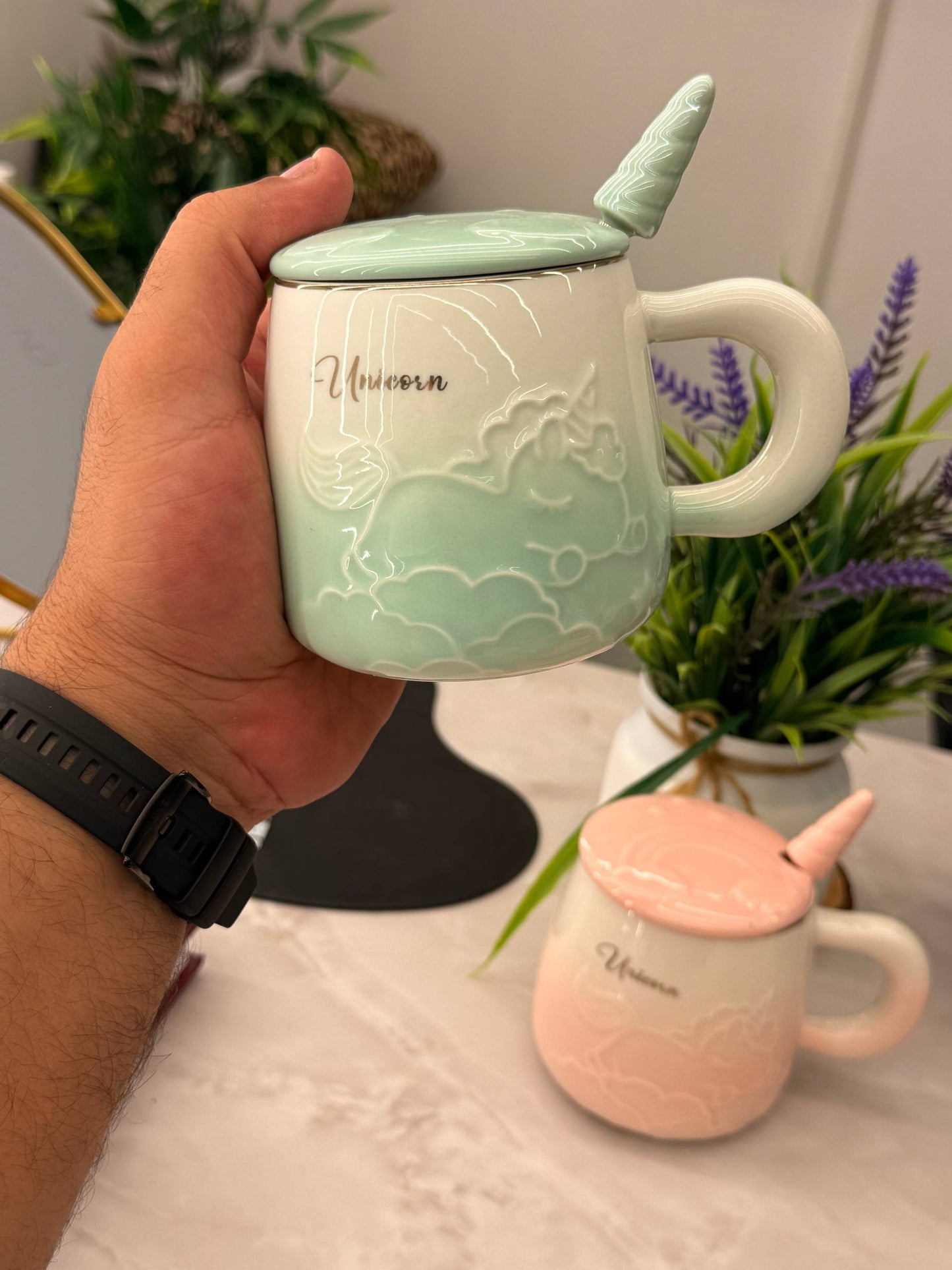 مج بورسلين يونيكورن بغطاء ومعلقة | سعة 400 مل