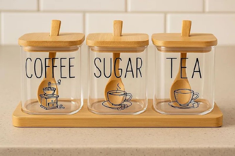 طقم توابل زجاج  بايركس ×1 بقاعدة خشب بامبو