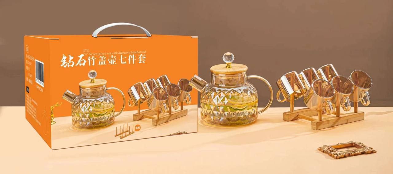 طقم شاي بيركس حراري جولد 8 قطع بغطاء خشب ومقبض كريستال – تصميم فاخر وأنيق