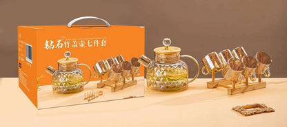 طقم شاي بيركس حراري جولد 8 قطع بغطاء خشب ومقبض كريستال – تصميم فاخر وأنيق