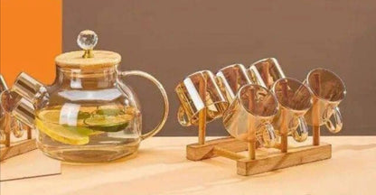 طقم شاي بيركس حراري جولد 8 قطع بغطاء خشب ومقبض كريستال – تصميم فاخر وأنيق
