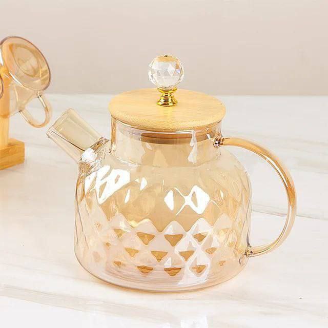 طقم شاي بيركس حراري جولد 8 قطع بغطاء خشب ومقبض كريستال – تصميم فاخر وأنيق