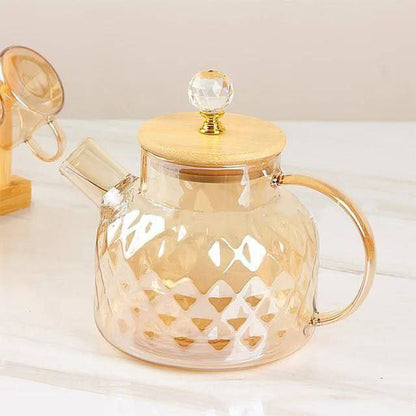 طقم شاي بيركس حراري جولد 8 قطع بغطاء خشب ومقبض كريستال – تصميم فاخر وأنيق