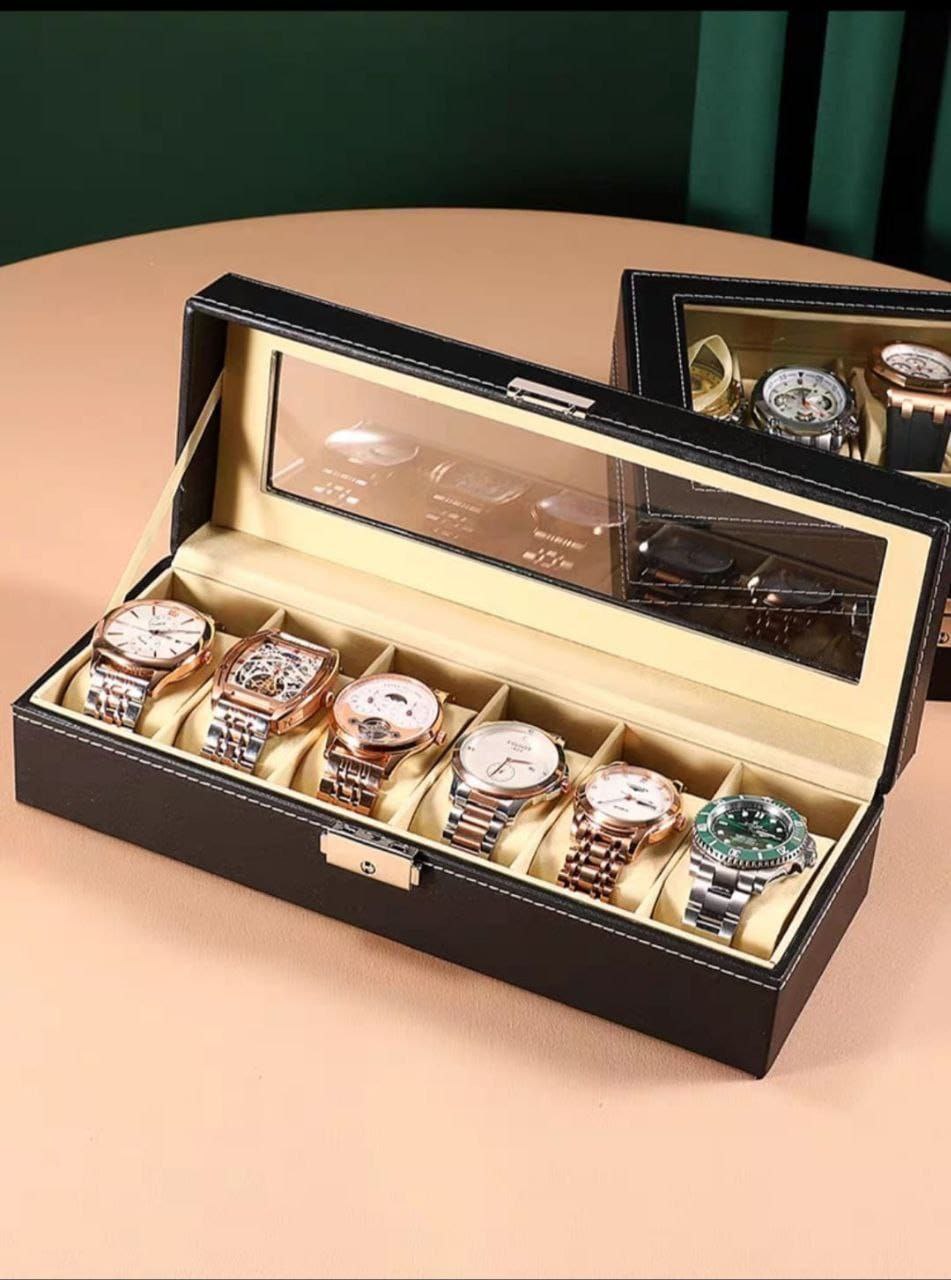 علبة تنظيم ساعات فاخرة 6 خانات – بوكس جلد عالي الجودة لتخزين الساعات والمجوهرات