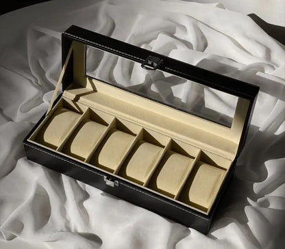 علبة تنظيم ساعات فاخرة 6 خانات – بوكس جلد عالي الجودة لتخزين الساعات والمجوهرات