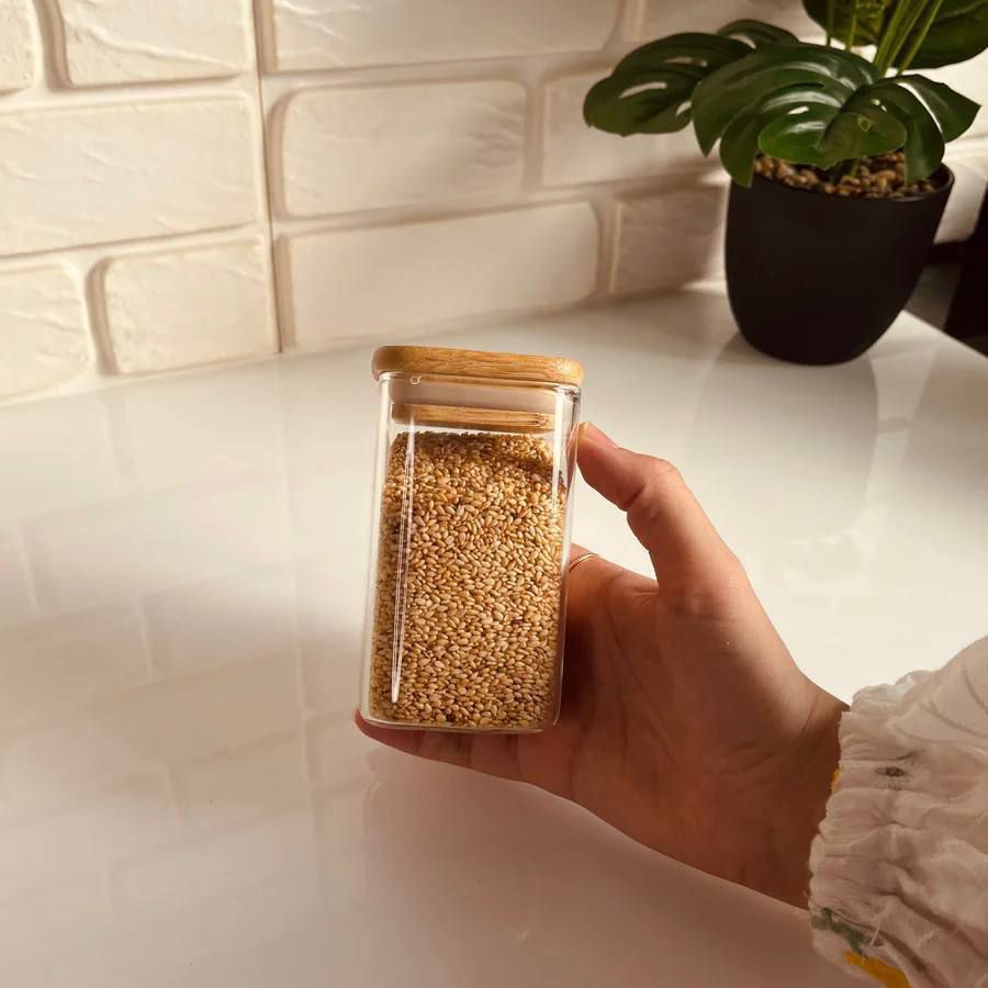 طقم برطمان توابل زجاج مربع 12 قطعة 200 ملي بغطاء خشبي محكم