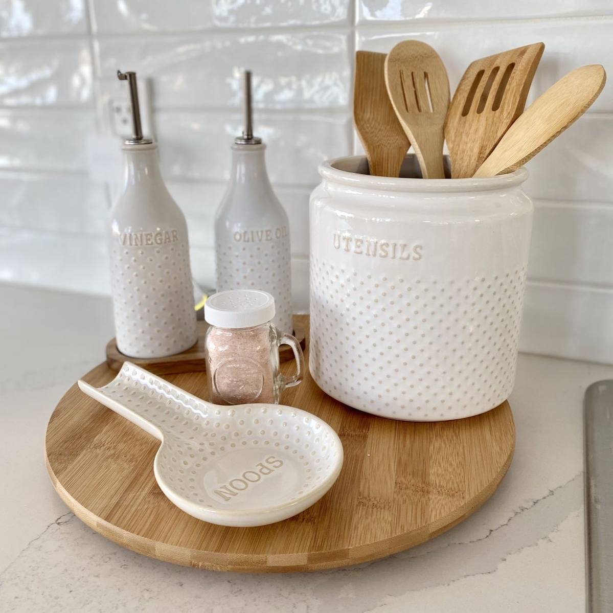 صينية ستاند دوارة من خشب البامبو متعددة الاستخدام مقاس 35 سم