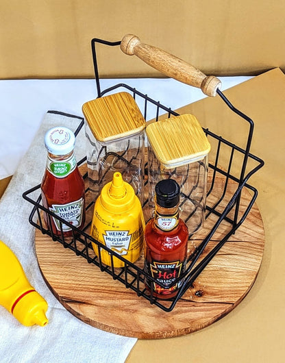 ميناش صوصات مستطيل بيد خشب | حامل صوصات 6 زجاجات منظم للمطبخ بخامة عالية الجودة وتصميم أنيق