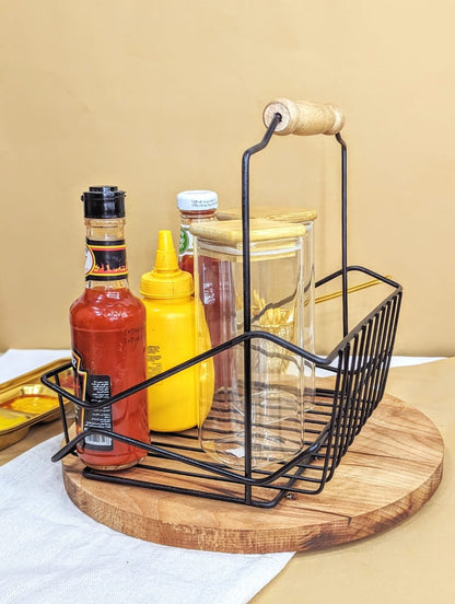 ميناش صوصات مستطيل بيد خشب | حامل صوصات 6 زجاجات منظم للمطبخ بخامة عالية الجودة وتصميم أنيق