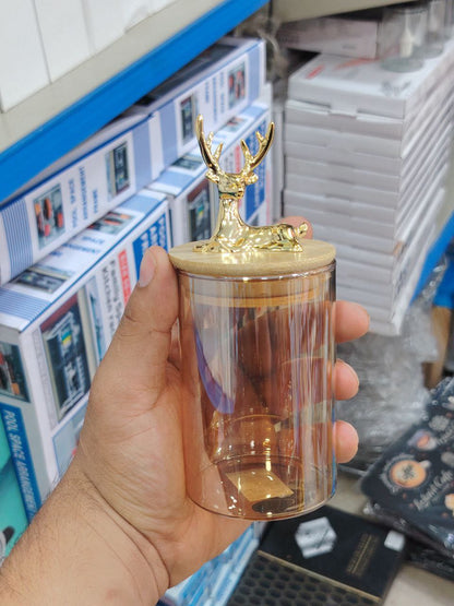 كاندي جار زجاج بيركس بغطاء بامبو مزين بغزالة جولد – برطمان ديكوري أنيق لتخزين الحلويات والمكسرات