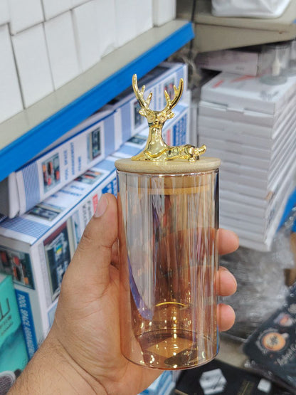 كاندي جار زجاج بيركس بغطاء بامبو مزين بغزالة جولد – برطمان ديكوري أنيق لتخزين الحلويات والمكسرات