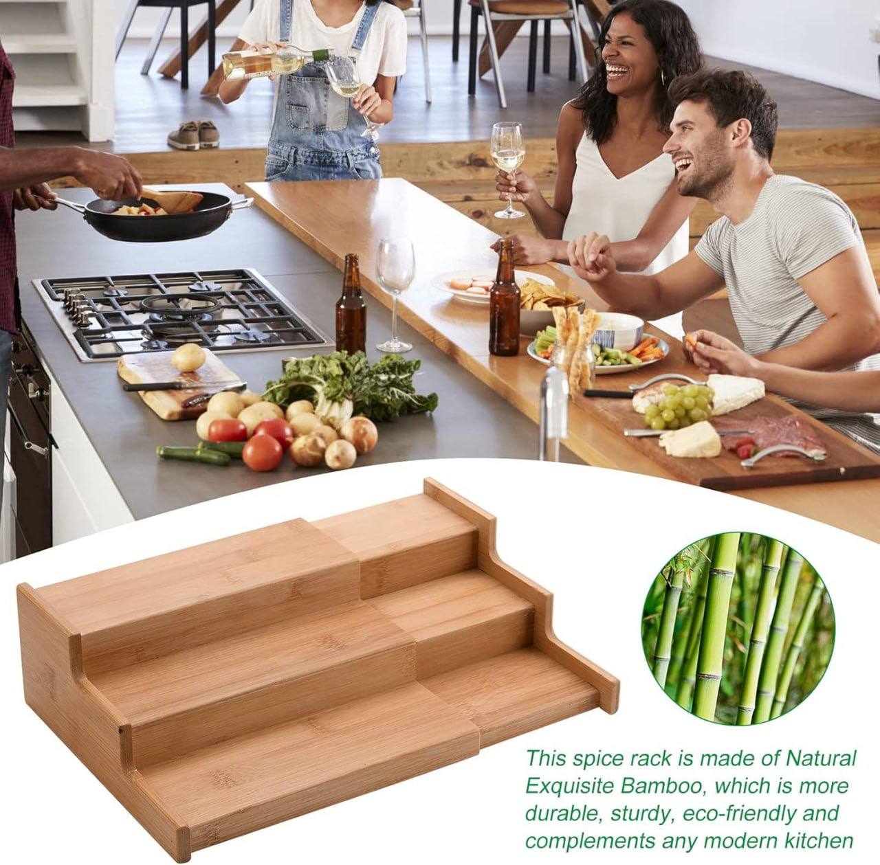 منظم برطمانات توابل خشب بامبو قابل للتمدد – تصميم عملي لترتيب المطبخ