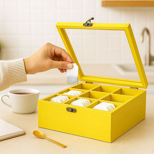 علبة شاي خشب فاخرة بغطاء أكريليك – 9 خانات لتنظيم الكوفي كورنر