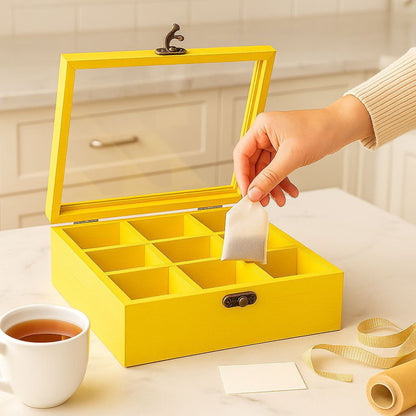 علبة شاي خشب فاخرة بغطاء أكريليك – 9 خانات لتنظيم الكوفي كورنر