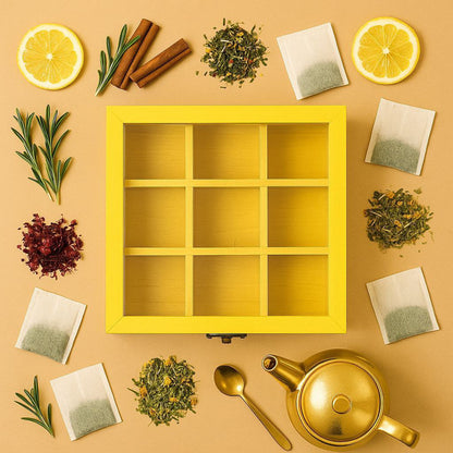 علبة شاي خشب فاخرة بغطاء أكريليك – 9 خانات لتنظيم الكوفي كورنر