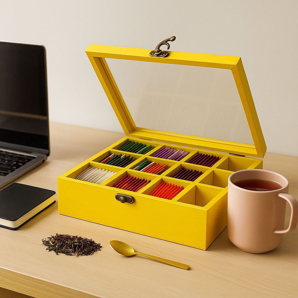 علبة شاي خشب فاخرة بغطاء أكريليك – 9 خانات لتنظيم الكوفي كورنر