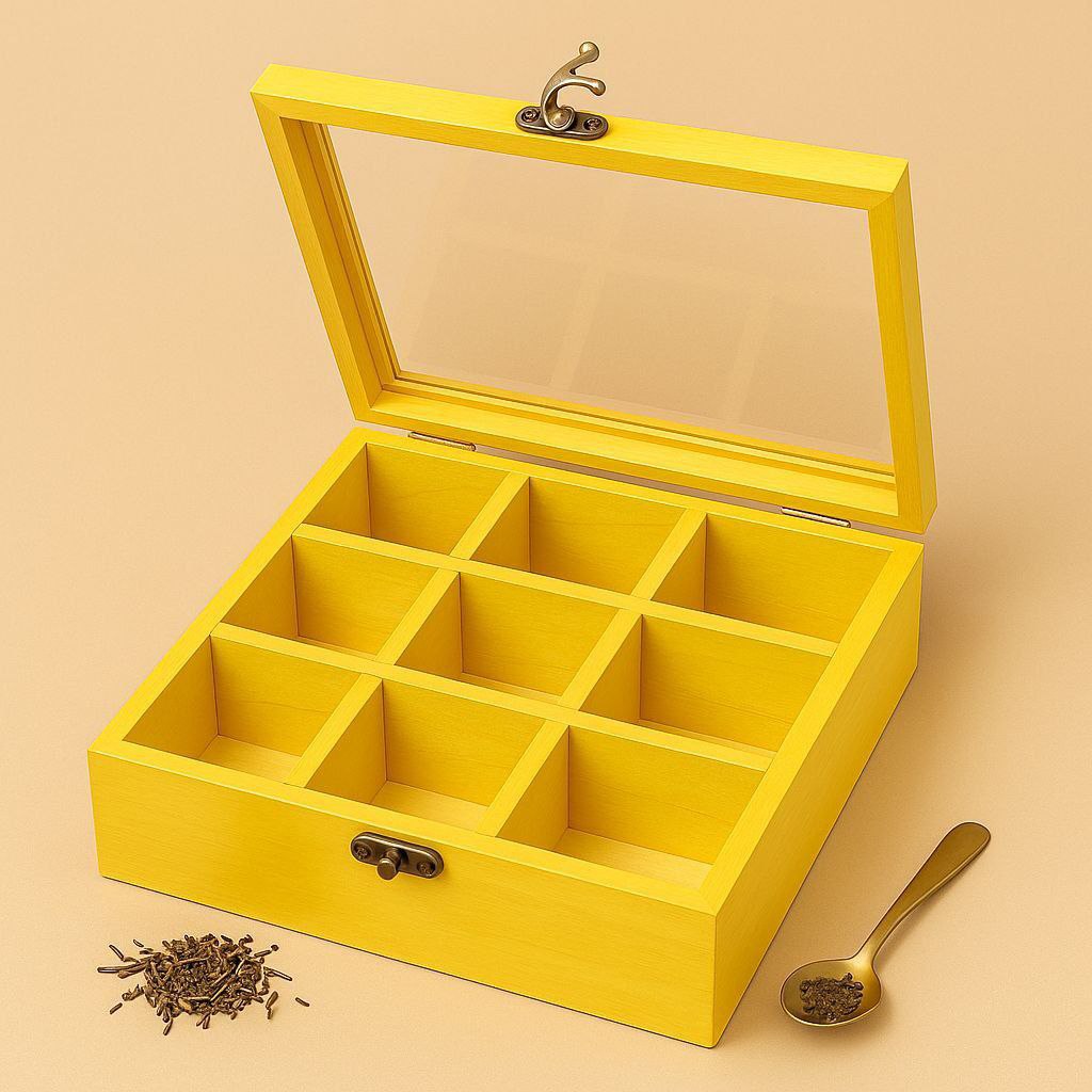 علبة شاي خشب فاخرة بغطاء أكريليك – 9 خانات لتنظيم الكوفي كورنر