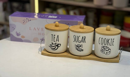 طقم كوفي بورسلين 3 قطع بغطاء خشب محكم + ستاند خشب أنيق 🇨🇳 مستورد بجودة عالية