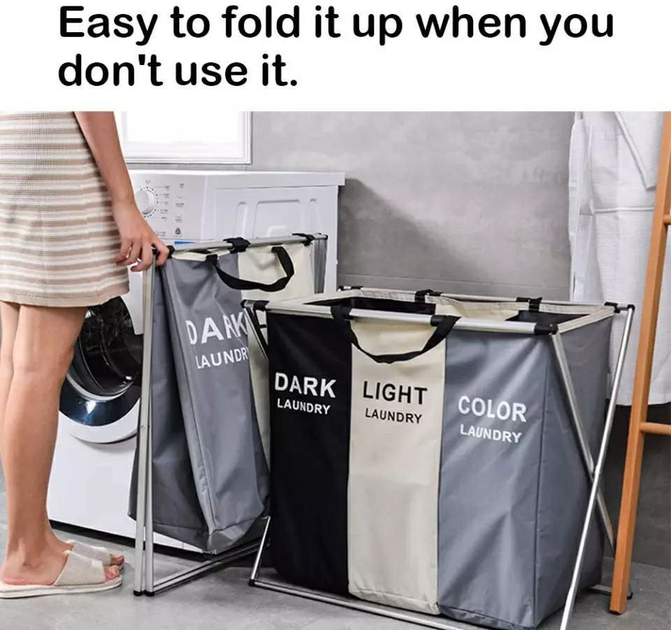 باسكت غسيل مقسم 3 خانات بخامة قوية وقوائم معدن – المقاس الكبير