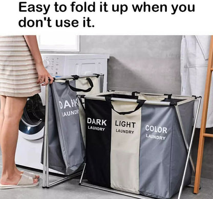 باسكت غسيل مقسم 3 خانات بخامة قوية وقوائم معدن – المقاس الكبير