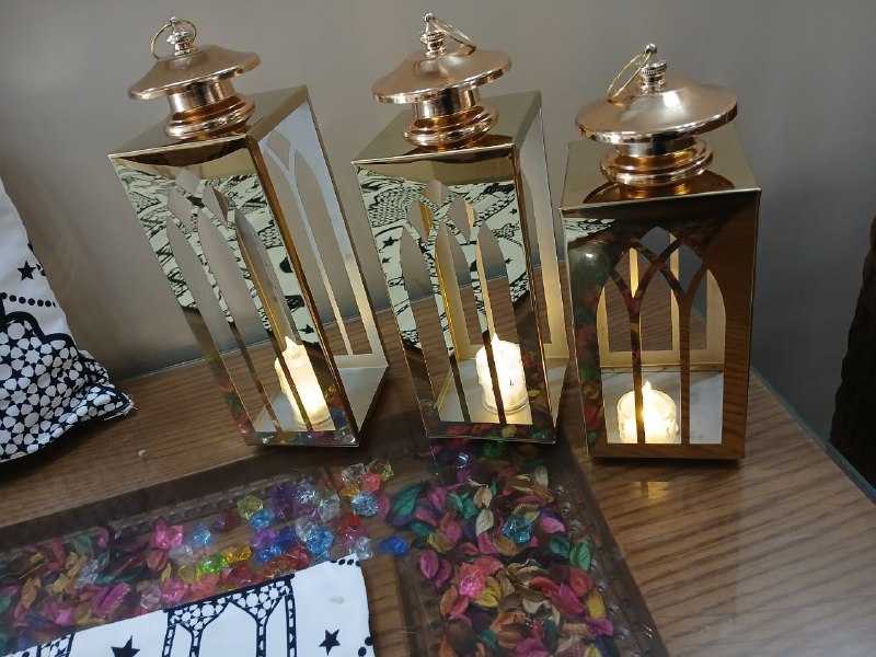 طقم فوانيس ديكور 3 قطع – استانلس ذهبي مرايا ✨🌙 N