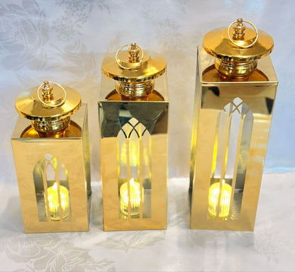 طقم فوانيس ديكور 3 قطع – استانلس ذهبي مرايا ✨🌙 N