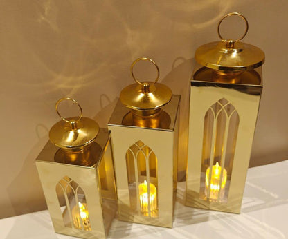 طقم فوانيس ديكور 3 قطع – استانلس ذهبي مرايا ✨🌙 N