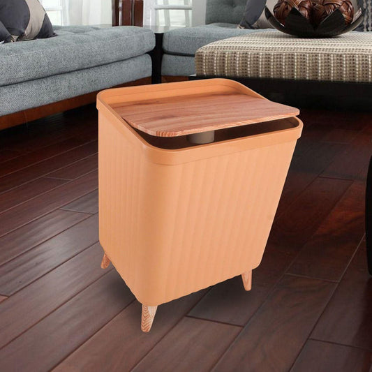 سلة مهملات ديكورية بغطاء وأرجل خشبية متعددة الاستخدام