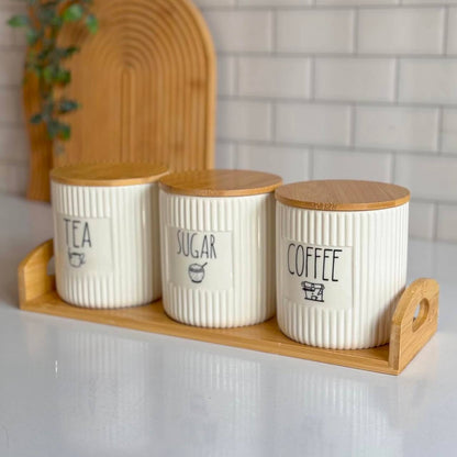 طقم كوفي بورسلين مضلع 3 قطع بغطاء بامبو – TEA | COFFEE | SUGAR