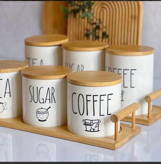 طقم برطمانات كوفي بورسلين 3 قطع بغطاء بامبو – TEA | COFFEE | SUGAR