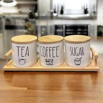 طقم برطمانات كوفي بورسلين 3 قطع بغطاء بامبو – TEA | COFFEE | SUGAR