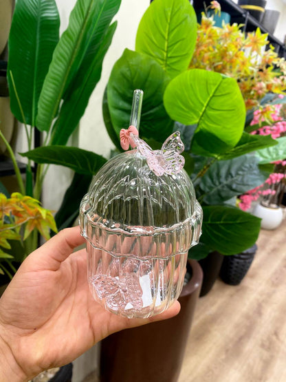 كوب زجاج بايركس حراري شكل فراشة 🦋 | 300 مل + شاليموه فيونكة 🎀     H-H