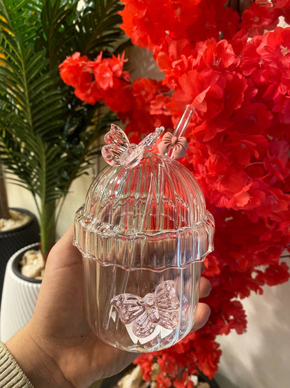 كوب زجاج بايركس حراري شكل فراشة 🦋 | 300 مل + شاليموه فيونكة 🎀     H-H