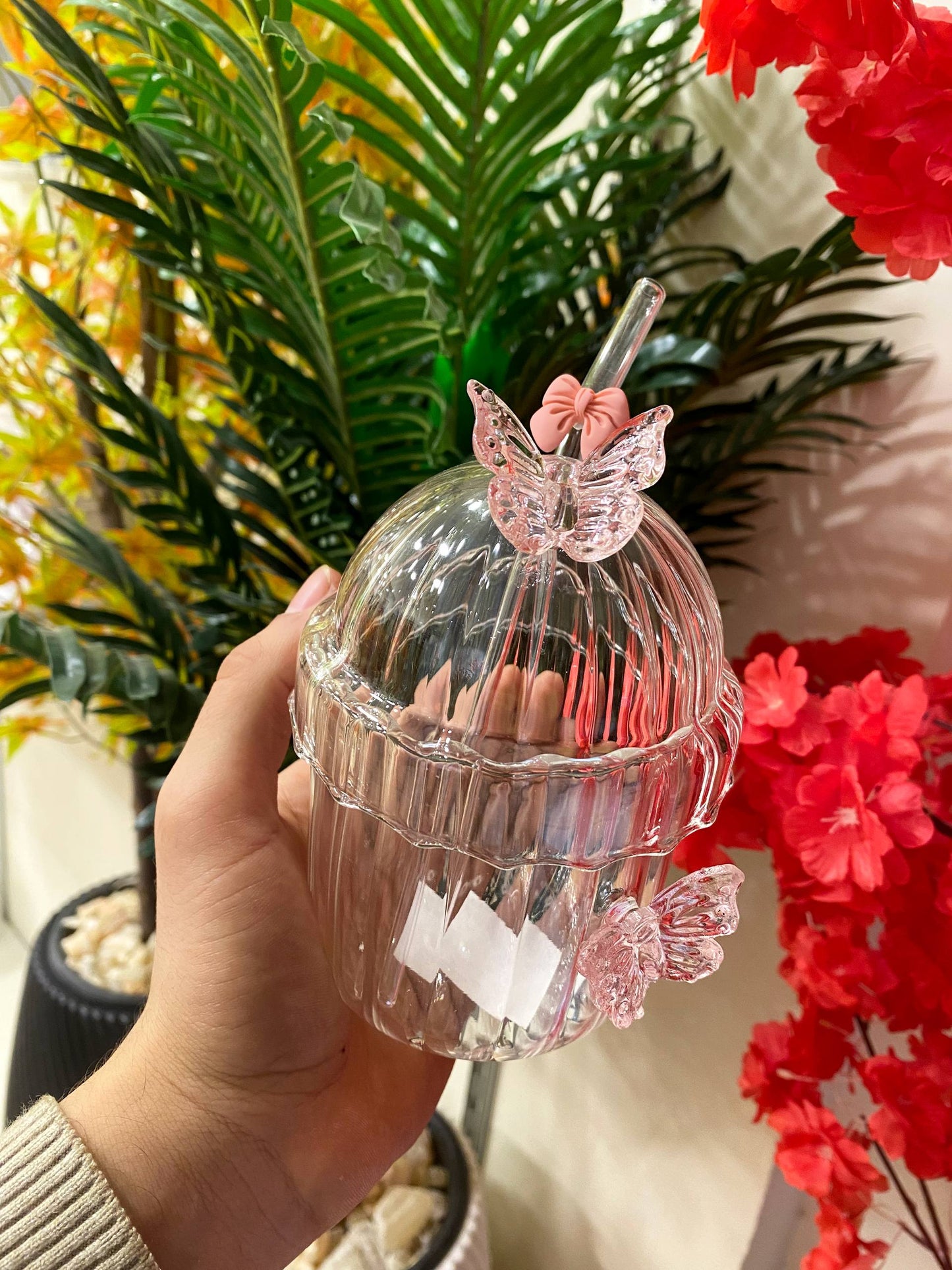 كوب زجاج بايركس حراري شكل فراشة 🦋 | 300 مل + شاليموه فيونكة 🎀     H-H