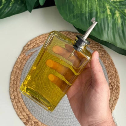 زجاجة زيت زجاج 350 مل بصبّابة معدنية أنيقة 🫒✨