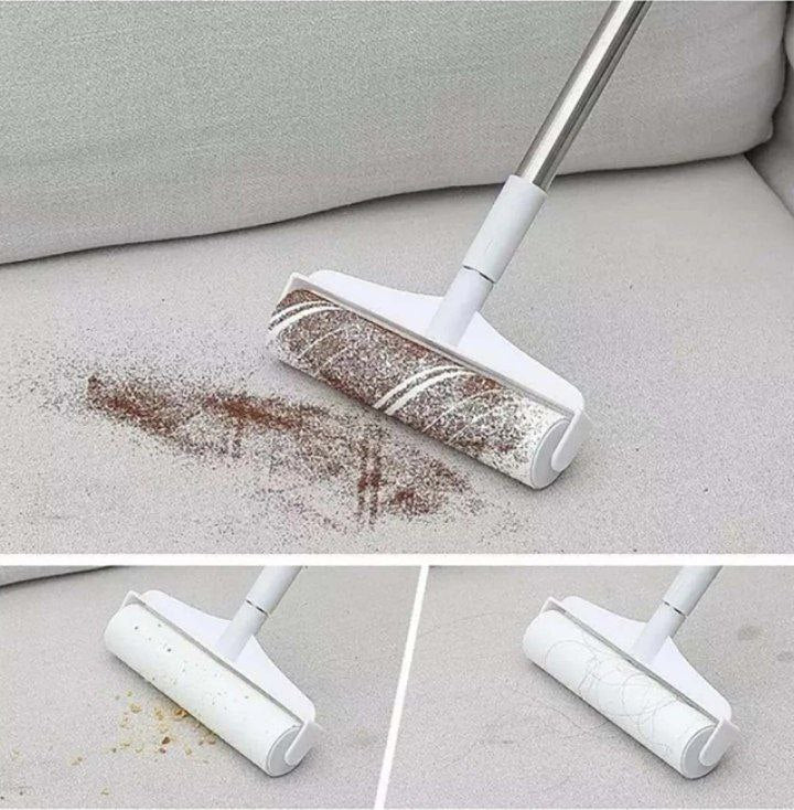 مكنسة وبر للسجاد والأثاث مع رول لاصق ومقبض قابل للتمدد