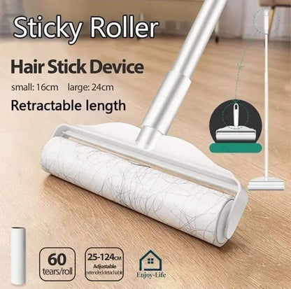 مكنسة وبر للسجاد والأثاث مع رول لاصق ومقبض قابل للتمدد