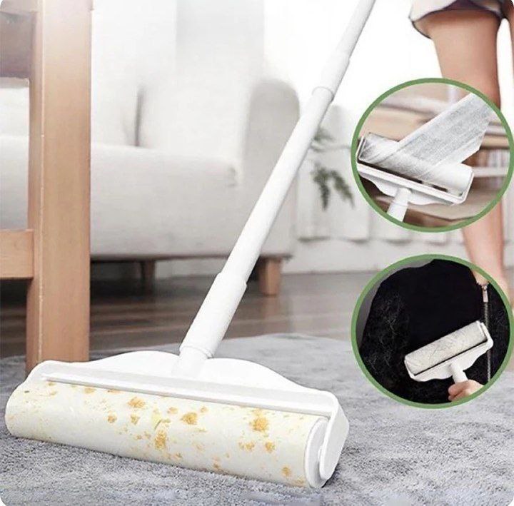 مكنسة وبر للسجاد والأثاث مع رول لاصق ومقبض قابل للتمدد