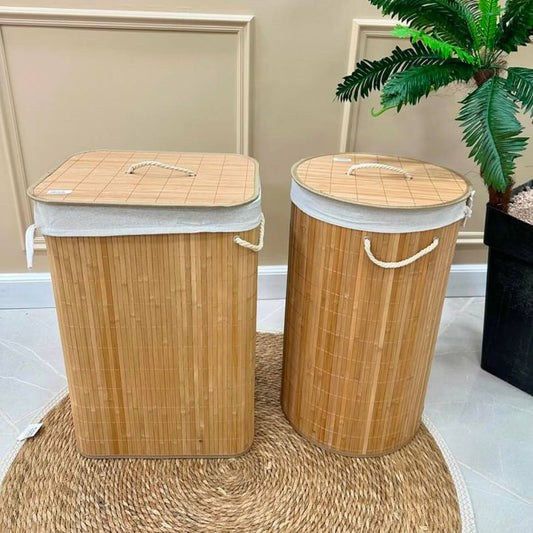 باسكت غسيل بامبو مبطن كتان بغطاء – كوبي إيكيا | سعة 75 لتر