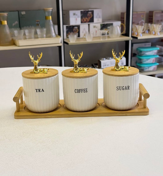 طقم برطمان كوفي بورسلين غزاله 3 قطع بحامل خشب –