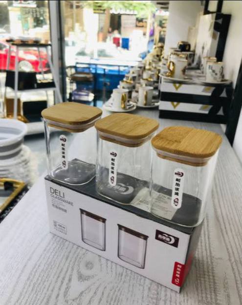 طقم برطمانات توابل ايكيا طقم برطمانات 3 قطع 220 ml برطمانات زجاج شفاف مزوده بغطاء خشب محكم الغلق