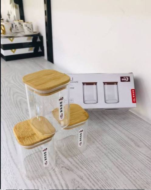 طقم برطمانات توابل ايكيا طقم برطمانات 3 قطع 220 ml برطمانات زجاج شفاف مزوده بغطاء خشب محكم الغلق