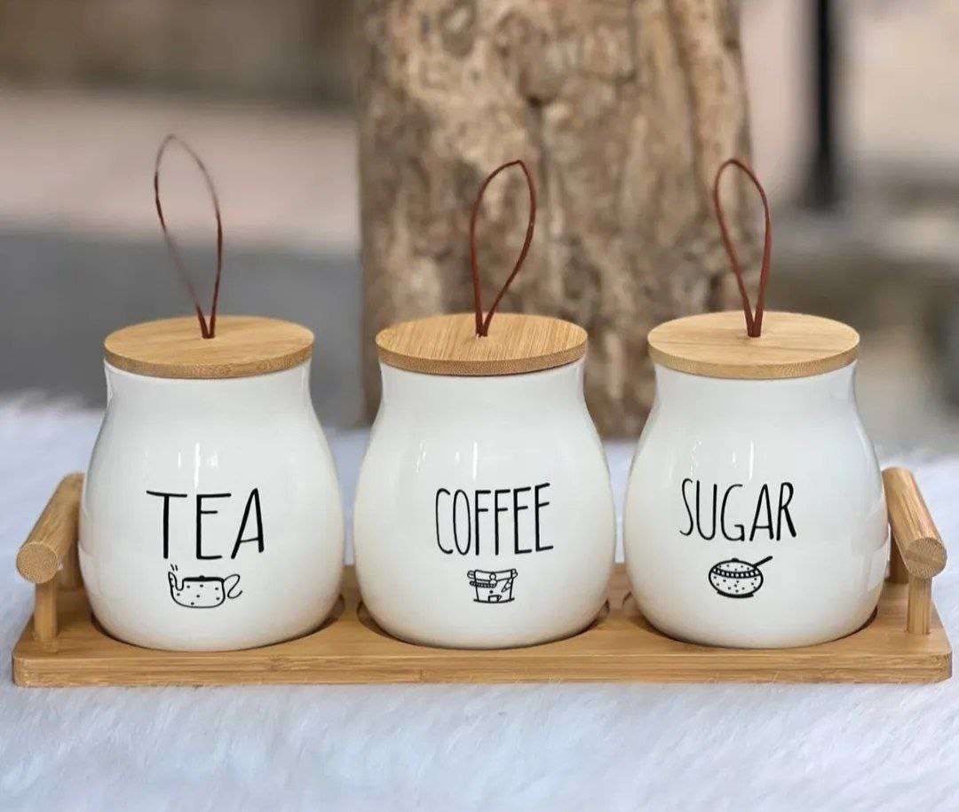 طقم توابل بورسلين بحبل بامبو طبيعي | 3 برطمانات أنيقة للتوابل أو المشروبات