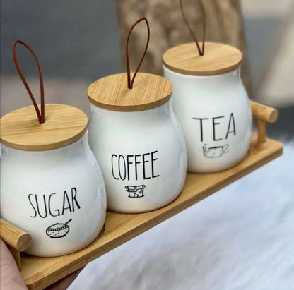 طقم توابل بورسلين بحبل بامبو طبيعي | 3 برطمانات أنيقة للتوابل أو المشروبات