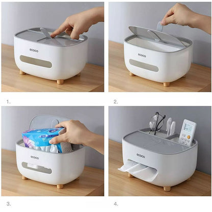 علبة مناديل متعددة الاستخدام ماركة Ecoco بقاعدة خشب ومنظم ريموت