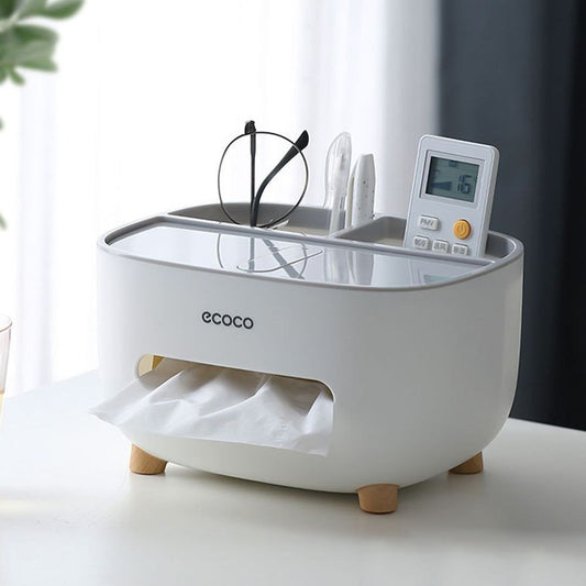 علبة مناديل متعددة الاستخدام ماركة Ecoco بقاعدة خشب ومنظم ريموت