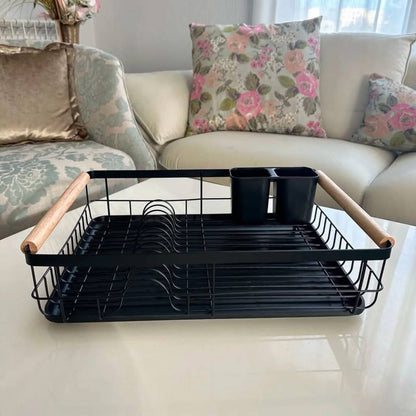 صفاية أطباق بيد خشب عالية الجودة | مزودة بحامل معالق وتراي لتصفية المياه – لون أسود