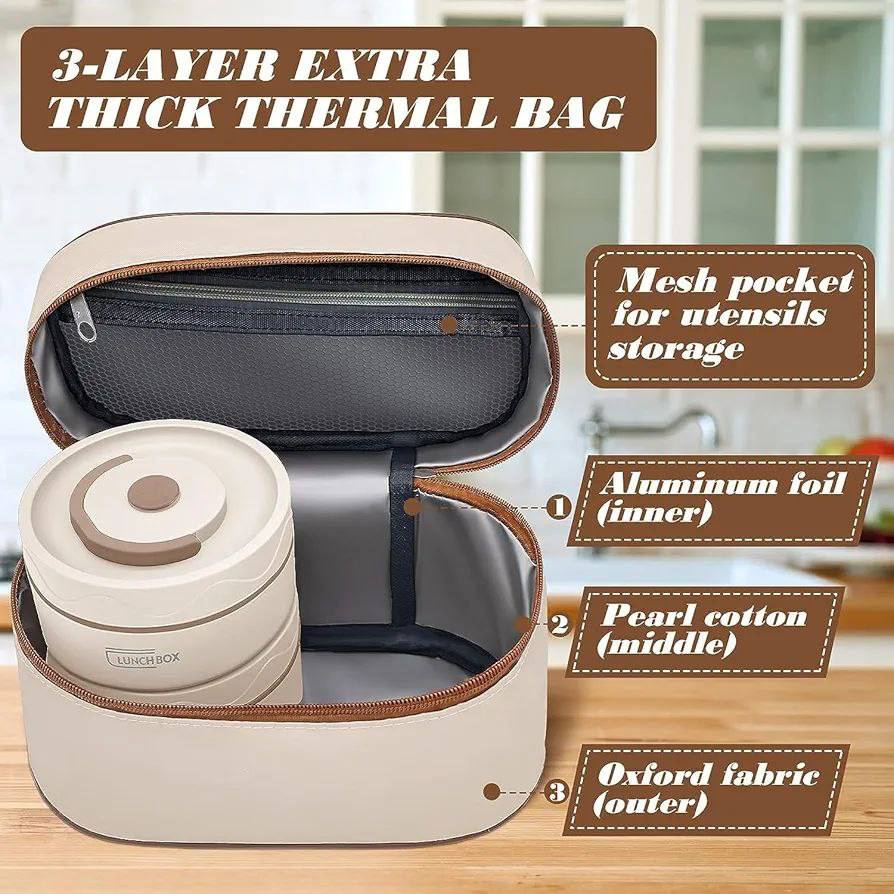 شنطة لانش بوكس حرارية مع علب ستانلس SUS 304 طقم 5 قطع لحفظ الطعام