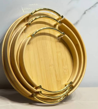 طقم صواني خشب بامبو بإطار استيل ذهبي – 3 مقاسات مستورد